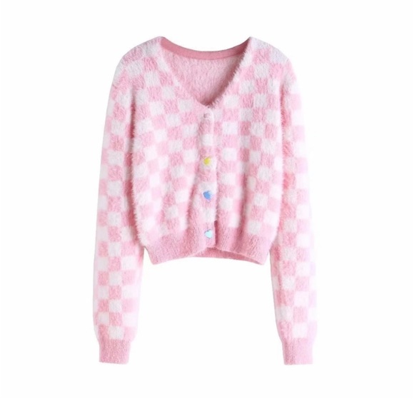 Aesthetic Pink Checkered Cardigan 